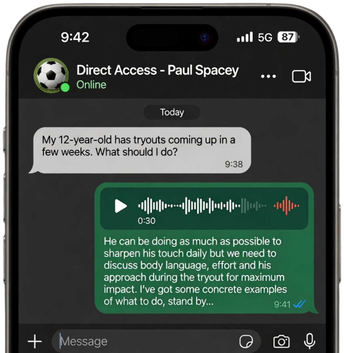 Phone showing a Direct Access conversation with Paul Spacey